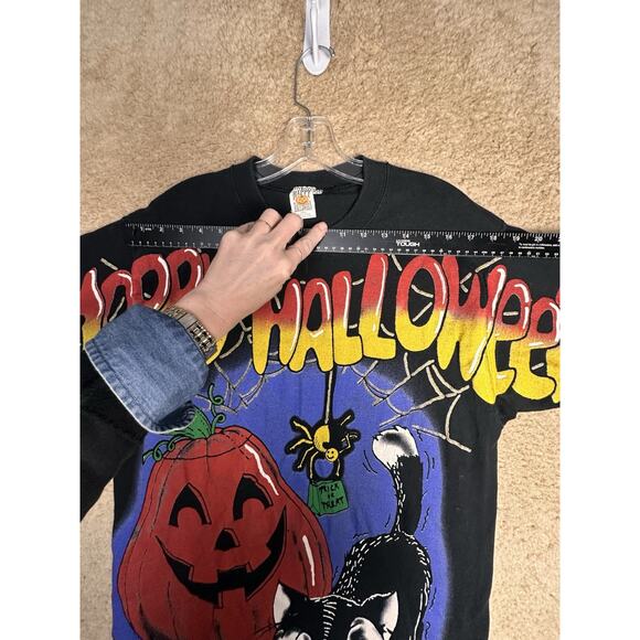 Vtg Halloween Pumpkin Kitty 1996 90s All Over Print T-shirt Unisex Sz L Costume - Picture 16 of 16